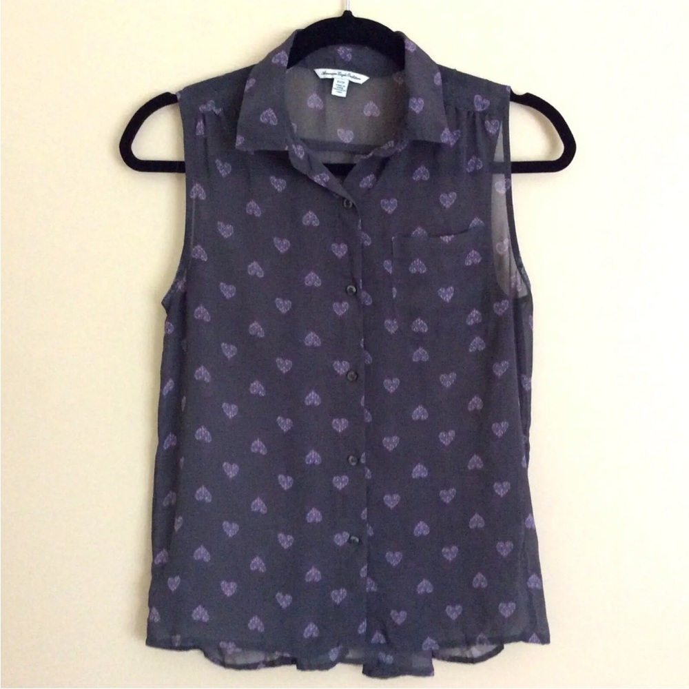 American Eagle Outfitters Womens Button Front Shirt Gray Hearts Sleeveless XS